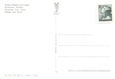 Aosta — Panorama, Arco di Augusto, Palazzo del Governo, Anfiteatro Romano, Fontana e Stazione — Ed. Ris. F.lli Enrico - Ivrea — पीछे