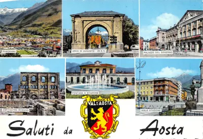 Aosta — Panorama, Arco di Augusto, Palazzo del Governo, Anfiteatro Romano, Fontana e Stazione — Éditeur Enrico Ivrea