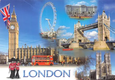 Londres — collage de monuments (Big Ben, London Eye, Tower Bridge, Buckingham Palace, Westminster Abbey) — éditeur Thomas Benacci Ltd. n° AN9