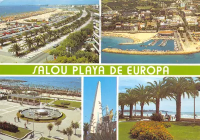 Salou Playa de Europa — vue panoramique avec promenade, port, fontaine et obélisque — éditeur POSTALES I.B.G