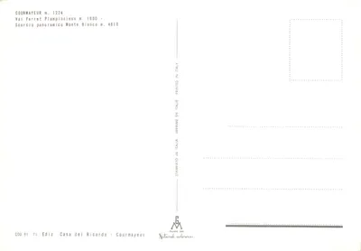 Courmayeur — vue panoramique avec chalets enneigés et montagne en arrière-plan — éditeur Casa del Ricordo — पीछे