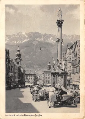 Innsbruck, Maria-Theresien-Straße — colonne monumentale avec statue, montagnes en arrière-plan — éditeur Karl Redlich, n° K 76