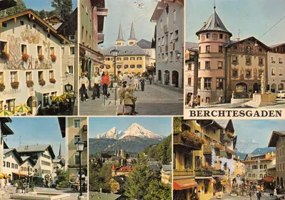 Berchtesgaden — vue panoramique du centre-ville avec édifice à tour ronde et montagne enneigée — éditeur non visible, n° de série 326