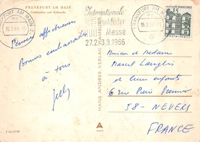 Frankfurt am Main — vue aérienne de la place Goethe avec tramway et édifice de l'Alte Oper — éditeur Hans Andres Verlag — पीछे