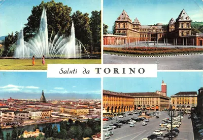 Torino — Fontaine lumineuse au Parco del Valentino, Castello del Valentino, panorama et Piazza Carlo — Ediz. S.C. - Torino