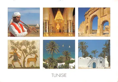 Tunisie — six scènes touristiques (homme au turban, intérieur de mosquée, amphithéâtre, mosaïque, plage, maison blanche) — Impressions de Tunisie, n°801