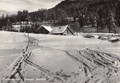 Bardonecchia - Grangie Ippolite — chalet enneigé avec traces de skis, éditeur Ed. speciale dell'HOTEL DE GENEYS-SPLENDID