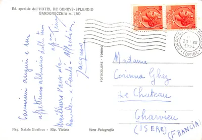Bardonecchia - Grangie Ippolite — chalet enneigé avec traces de skis, éditeur Ed. speciale dell'HOTEL DE GENEYS-SPLENDID — पीछे