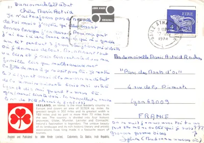 Carte postale illustrée — Carte de l'Irlande avec illustrations de lieux — éditeur John Hinde Limited, Dublin — पीछे