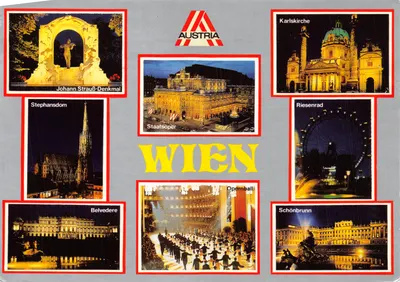 Vues de Vienne — Staatsober, Karlskirche, Riesenrad, Stephansdom, Belvedere, Johann Strauß-Denkmal, Schönbrunn, Opéra — éditeur AUSTRIA