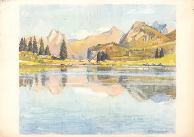 Lac de Seeburgsee — paysage alpin avec reflets — dessin signé Armin Schwarzenbach 1941