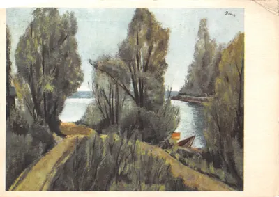 Vue de rivière bordée d'arbres — peinture signée 'Dornels' — éditeur non visible