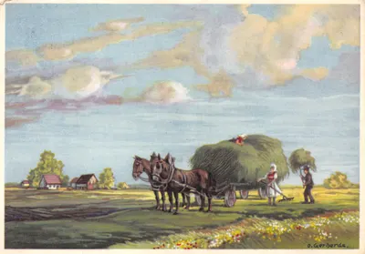 Scène de moisson — char à deux chevaux chargé de foin — dessin de O. Gerhards