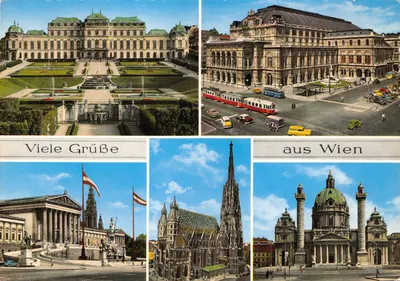 Vienne — vue des monuments (Schloss Belvedere, Staatsoper, Stephansdom, Karlskirche) — Verlag: PAG Wien, L. Wollzeile 19, n° 51315