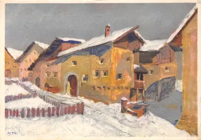 Village enneigé — scène hivernale avec maison centrale et clôture — éditeur Antonio Wey, Luzern, n° 5