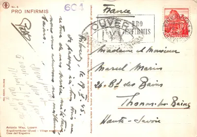 Village enneigé — scène hivernale avec maison centrale et clôture — éditeur Antonio Wey, Luzern, n° 5 — पीछे