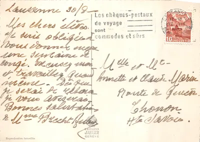 La Cathédrale et les Alpes — vue de Lausanne avec montagnes enneigées, éditeur JAEGER GENÈVE, n°8410 — पीछे