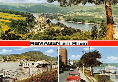 Remagen am Rhein — vue panoramique avec église et bateaux sur le Rhin — éditeur Cekade, n° de série Rema 016