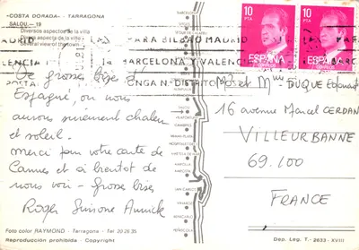 Salou — vue panoramique, obélisque, fontaine, quai et tour — éditeur Foto color RAYMOND — पीछे