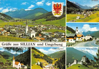 Sillian et ses environs — vue panoramique avec écusson de Tirol, éditeur 'Malerisches Osttirol' et n° 5500