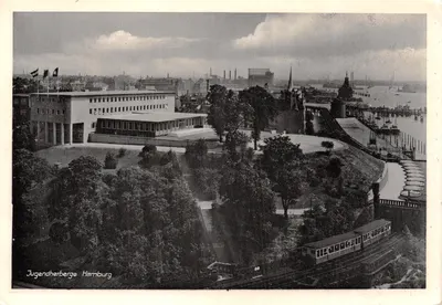 Jugendherberge Hamburg — bâtiment moderne sur colline avec vue sur port et tramway — éditeur Verlag Ludwig Joost, n° 3
