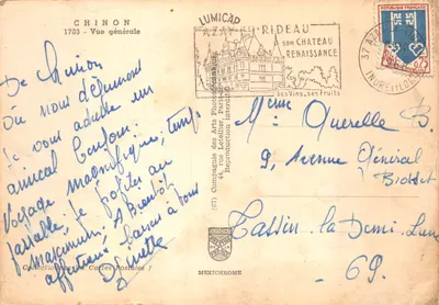 Chinon — vue générale avec le château et le pont sur la Loire — éditeur LUMICAP — पीछे