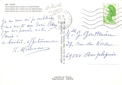 Notre-Dame de Lorette et le Sacré-Cœur — vue depuis une rue de Paris, éditeur ABEILLE-CARTES, n° 866 — पीछे