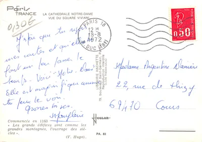 Notre-Dame de Paris — vista do Square Viviani — editor Hachette, n.º PA. 83 — Verso