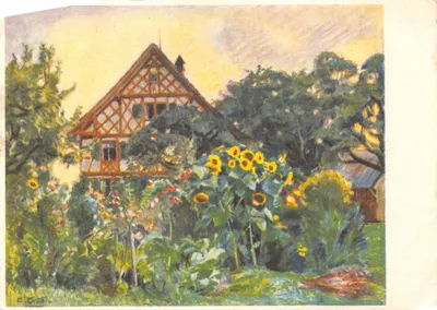 Paysage avec tournesols — maison à colombages — C. Böhl — No. 5