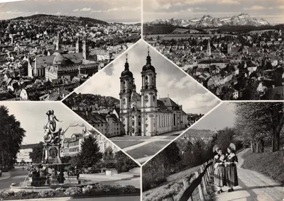 San Gallo — vue panoramique avec église, fontaine et montagnes — éditeur foto Gross, n° 30740