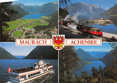 Maurach am Achensee — vue aérienne, station de vapeur et bateau sur lac — éditeur POST COLOR © LUX