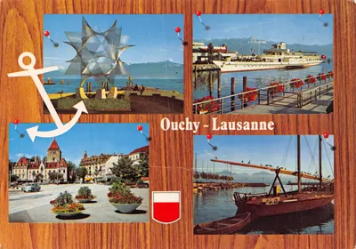 Ouchy - Lausanne — vue panoramique avec sculpture, bateau et édifice — Édition PERROCHET