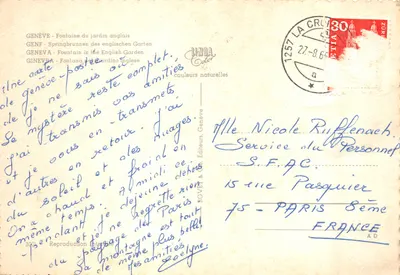 Genève - Fontaine du jardin anglais — éditeur BOVEZ & Cie, Genève, n°3001 — पीछे