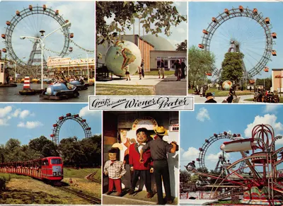 Wiener Prater — parc d'attractions avec grande roue, globe terrestre et manèges — éditeur P. Ledermann, Wien I, Fleischmarkt 20