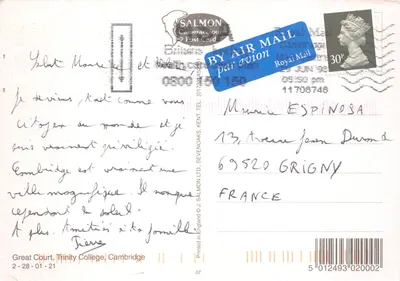 Trinity College, Cambridge — Portail et édifice gothique — éditeur SALMON Camera Colour Post Card — पीछे