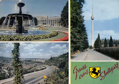 Stuttgart — vue de la fontaine, du château et de la tour Fernsehturm — éditeur MEXICHROME