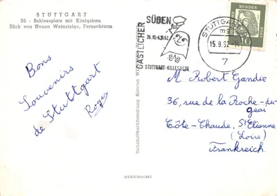Stuttgart — vue de la fontaine, du château et de la tour Fernsehturm — éditeur MEXICHROME — पीछे