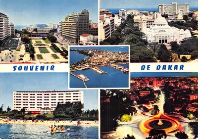 Dakar — vue générale, port, plage, place de l'Indépendance et nuit — Souvenir de Dakar, éditeur Mexichrome