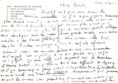 Dakar — vue générale, port, plage, place de l'Indépendance et nuit — Souvenir de Dakar, éditeur Mexichrome — पीछे