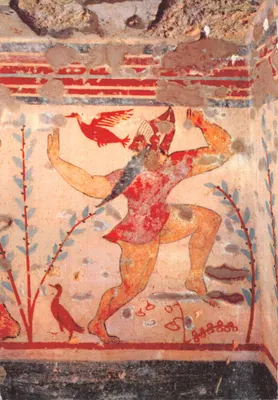 Tarquinia — Détail d'une peinture de tombe étrusque — Bronchocilline Suppositoires, RICORDI Officine Grafiche S.p.A., Milano