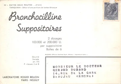 Tarquinia — Détail d'une peinture de tombe étrusque — Bronchocilline Suppositoires, RICORDI Officine Grafiche S.p.A., Milano — पीछे