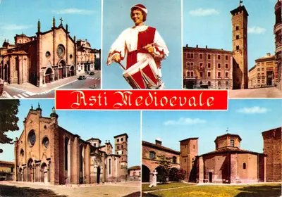 Asti Médiéval — vue panoramique de la cathédrale, d'un musicien en costume médiéval et de la tour de l'église — Éditeur F.lli Marchia, n°14