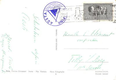 Aoste — Souvenir d'Aoste avec vue de Porta Preloria, Campanile de S. Orso, Piazza Emilio Chanoux, Anfiteatro Romano, Fontana luminosa et Arco Cesare Augusto (Anno 24 a.C.) — Ediz. Enrico Giovanni - Ivrea — पीछे