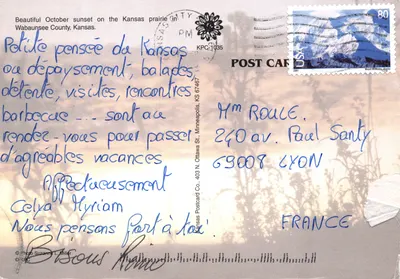 Coucher de soleil sur la prairie du Kansas — Wabaunsee County — éditeur Kansas Postcard Co. n° KPC-1035 — पीछे