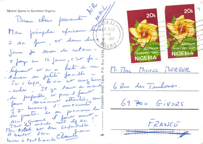 Marché dans le Nord du Nigeria — scène de rue avec femme tenant un bol — éditeur Elisabeth Seriki Cards — पीछे