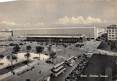 Rome - Termini Station — aerial view of the building and square with vehicles — publisher not visible