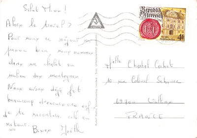 Landeck 816 m — panoramische uitzicht met telecabel, kasteel en kerk — uitgever Rudolf Mathis, Tirol — Achterkant
