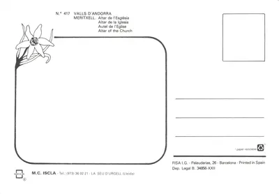 Meritxell — Altar de l'Église — M.C. ISCLA, n° 417 — Verso