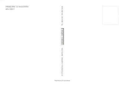Andorra — panoramische uitzicht, berggeit, steenbrug, kerk, ruïnes, nacht park — uitgever ÉDITIONS A. CAMPAÑA, nr. AN.2857 — Achterkant