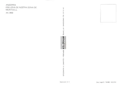 Kerk van Onze Lieve Vrouwe van Meritxell — gebouw van steen met het Andorrese vlaggetje — uitgever Kolorham, nr. 2850 — Achterkant